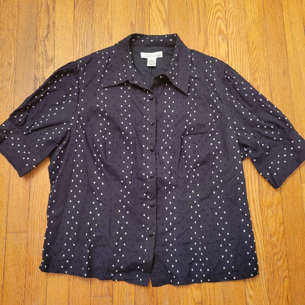 Silk Assets 2X Button Down Top Black White Clip Dot Cotton Short Sleeve Academia